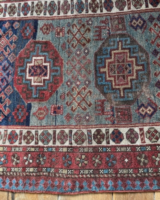 Caucasian rug with unusual but very attractive colour palette. Robust enough for the floor. No major issues. Had a good clean and maybe needs another. 215 by 103 or 110cm depending which  ...