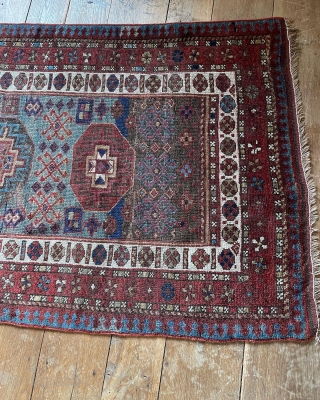 Caucasian rug with unusual but very attractive colour palette. Robust enough for the floor. No major issues. Had a good clean and maybe needs another. 215 by 103 or 110cm depending which  ...