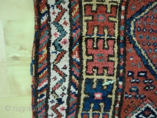 Super antique Quchan Kurd. Thick pile, strong design, good colours and lovely handle. Retains kilim ends, one oversown. Three small slits repaired (not by me), one of which is shown. Charming appeal.96  ...