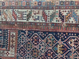 Interesting Daghestan prayer rug. Great colours especially in the border. Lots of intriguing animals and icons. Love the change of pattern in the field. Some holes and fraying of edges   