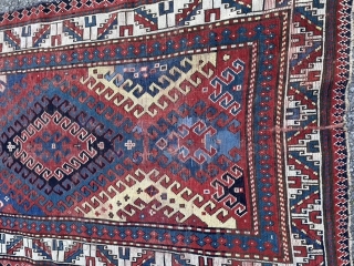 19th century Kazak, possibly bordjalou. Some wear, repile and sides secured. Priced accordingly. Decorative and good for the floor. 280 by 120cm.           