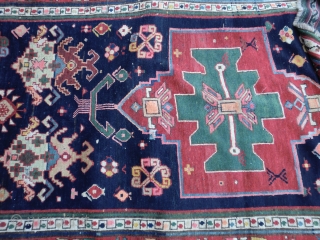 19th century kazak with strong armenian influences. Very unusual design. Subtle yet striking. Super borders. Broad array of colours. One tear in the end and one old repair also in the end,  ...