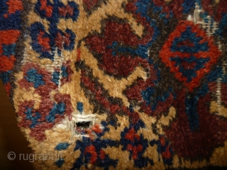 Balouch/NW Persian? Not my area or particular interest. Cute little rug with traditional colours and age. Well drawn. Goat selvedges? A few red and blue idiosyncracies in one half of the rug.  ...