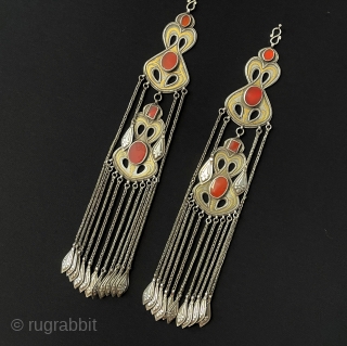 Central - Asian A pair of Antique Turkmen Tribal İskendery Design Silver Headpiece & Hair Jewelry Gold Washed with Carnelian. Turkmen Art Costume Jewelry Accessories. Great Condition ! Size - ''30 cm  ...