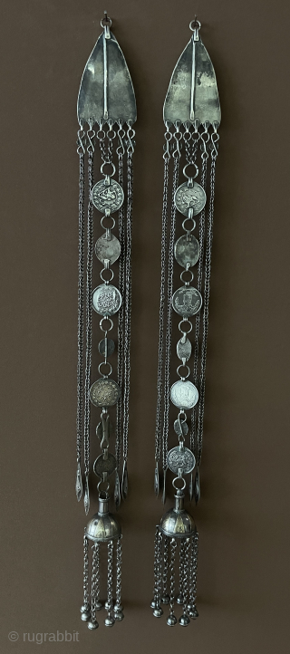 Antique pair of Turkmen Yomud Silver Headpieces. Size - ''53 cm x 4.8 cm'' - Weight : 363 gr. turkmansilver@gmail.com             