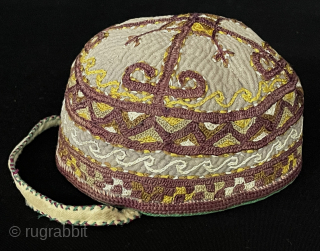 Antique Turkmen Tribal Silk Embroidered Skullcap & Hat. Turkmen skullcap with Traditional Motifs. It is Silk embroidery on cotton. It is in good condition. Height : 9 cm - Circumference : 45  ...