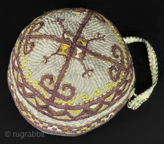 Antique Turkmen Tribal Silk Embroidered Skullcap & Hat. Turkmen skullcap with Traditional Motifs. It is Silk embroidery on cotton. It is in good condition. Height : 9 cm - Circumference : 45  ...