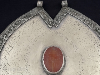 Antique Afghan Tribal Silver Talisman Pendant with Carnelian. Talisman Necklace with Islamic Arabic Manuscript on Silver & on Stone (Ayetel-Kürsi) Dua. Excellent Condition ! Circa - 1900s Size - ''15.5 cm x  ...