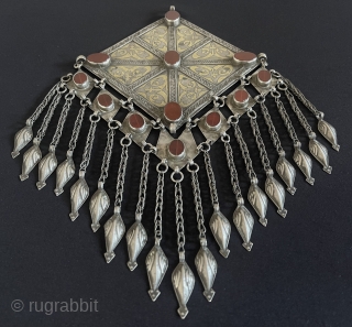 Rare Antique Turkmen - İskendery Design Tribal Silver Necklace - Gonchuk Fire Gilded and with old Carnelian. This is a Turkmen Art Collector piece. Size - Height with Tassel : 30.5 cm  ...