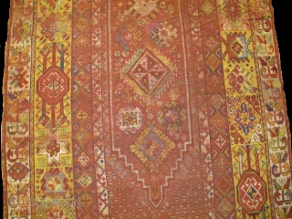 Moroccan Rabat Corridor Carpet, exceptional natural colors including vibrant yellow and several hues of green. corroded cochineal field has areas of kasmiring that are visible from the back. An enigmatic rendering of  ...