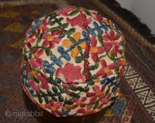 Central Asian Hat, Silk/Cotton, Late 19th Century. 4.25 x 7 inches.  Odd thing-it appears to have been reconstructed at some point.  Whether it was from a larger hat or old  ...