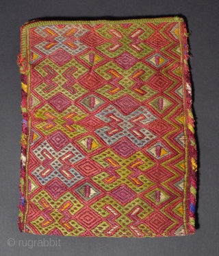 TR 111  Turkmen Embroidered Bag, Silk/Cotton, Late 19th/Early 20th Century. 7.7 x 6.2 inches                  
