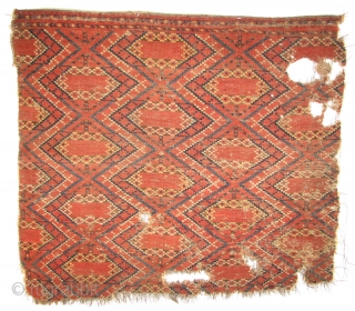 Turkmen Beshire Fragment, Wool, 32” x 37”, Late 19th Century
Ikat inspired design.
                     