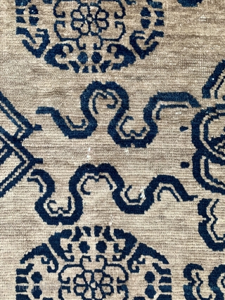 AntiquecTibetan rug with good age ca1880 or before.  the double squares are Chinese double lozenges(Fangsheng) and the two circles, double coins( Shuangqian), and not so sure about the top right motif  ...