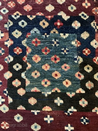 This lovely Tibetan seating square  made ca 1900 was sourced in Tibet nearly 25 years ago, had some repairs done there including new ends.  Design is based on tie dye  ...