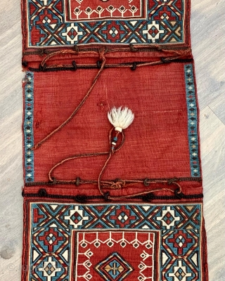  super antique sumac double bag from Karabagh region Azerbaijan can 1900 size 109 x 34 cm.  Lovely glowing natural colours excellent condition one tiny hole to centre. Available   