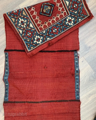  super antique sumac double bag from Karabagh region Azerbaijan can 1900 size 109 x 34 cm.  Lovely glowing natural colours excellent condition one tiny hole to centre. Available   