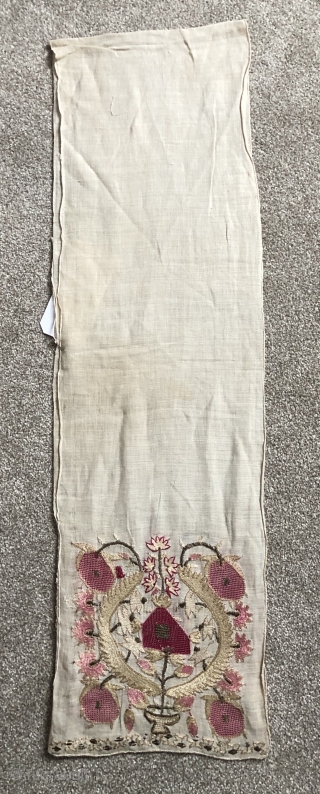 Antique Turkish woman’s sash ca 1870 complete piece 170 x 24 cm illustrated in Ottoman embroidery by Roderick Taylor p 35
One side has darn to the side white ground otherwise very good  ...