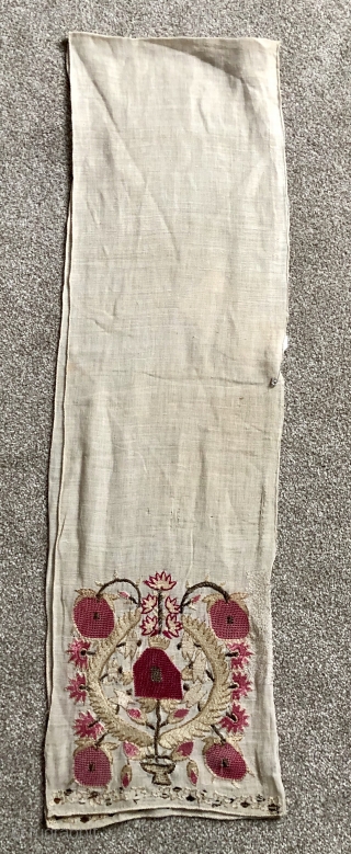 Antique Turkish woman’s sash ca 1870 complete piece 170 x 24 cm illustrated in Ottoman embroidery by Roderick Taylor p 35
One side has darn to the side white ground otherwise very good  ...