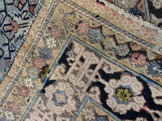 Early shirvan rug with powder blue field and Kufic border ca 1820 one old patch and darning to the corroded brown 
Not many rugs  this old on the market.    ...