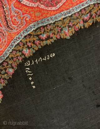 Nice Antique Kashmir shawl signed ca 1860 size approx 6 ft x 6 ft 3 
Few small holes but centre pretty much complete for a change.  Lovely design and colours  