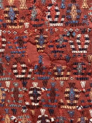 Rare antique qashqai bokche ca 1880.  Used to wrap gifts at the wedding ceremony lovely size and unusual warp faced brocade technique.  Several  holes have been backed and the  ...