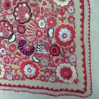 
Eastern European embroidery, about 1900. Silk embroidered on wafer-thin, transparent fabric. Very fine work. Probably once a folklore textile.Beautiful colors, good condition, small restored area, small holes, but do not disturb the  ...