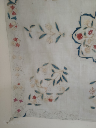 Rare suzani bohce very pretty in good condition with unfinished border. 2ft 5inches Square.    tonyhazrugs@btconnect.com               