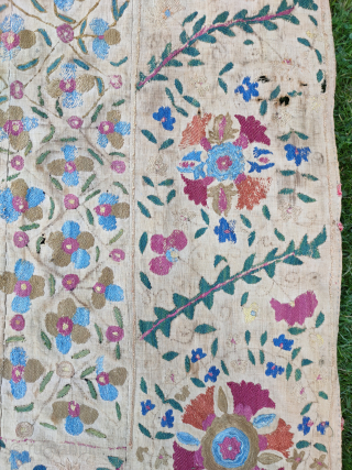 Pretty 19th century small suzani 5x3ft3in.reasonable condition unlined with a few holes.tonyhazrugs@btconnect.com                     