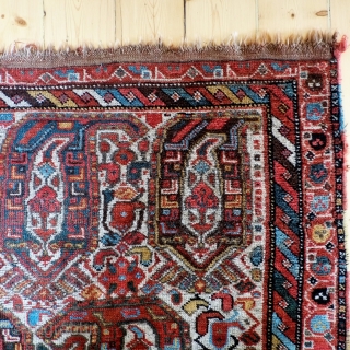 A late 19th Century Khamseh Rug
Size 186 x 148 cm
A naïvely drawn and colourful Boteh rug in good original condition, evenly worn with great colours and soft handle. Original selvedges and kilim  ...
