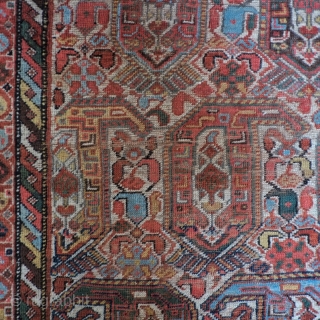 A late 19th Century Khamseh Rug
Size 186 x 148 cm
A naïvely drawn and colourful Boteh rug in good original condition, evenly worn with great colours and soft handle. Original selvedges and kilim  ...