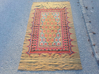 Shushtar Kilim. Rare Kilim type from Bakhtiari region. With camel hair and boteh-design. Excellent condition. 202 x 121 cm.              