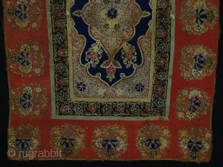 probably Resht textiles. 
ca: 19th. size: 112x80 cm
silk handwork on textiles.
the textile has the traditional design of central medallion with flowers motifs in beautiful colouring
if you have any questions or need more  ...