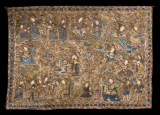 A monumental Deccan tent panel 19th century or earlier, Rajasthan, North India 255 x 350cm Consisting of decorated figures, birds, and foliage, within a geometric border. Made up of three homespun cotton  ...