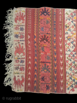 Uzbek Kilim, Central Asia, 1920s, 317 x 130 cm, wool, wool embroidery, narrow bands of plain weave over-embroidered with Central Asian motifs, in good condition, scattered loss of embroidery.    