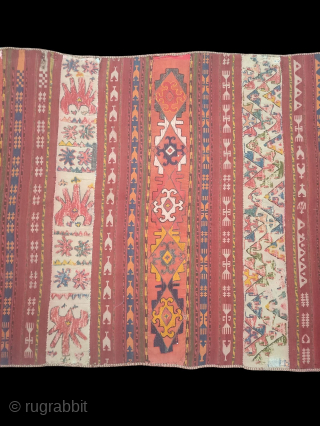 Uzbek Kilim, Central Asia, 1920s, 317 x 130 cm, wool, wool embroidery, narrow bands of plain weave over-embroidered with Central Asian motifs, in good condition, scattered loss of embroidery.    