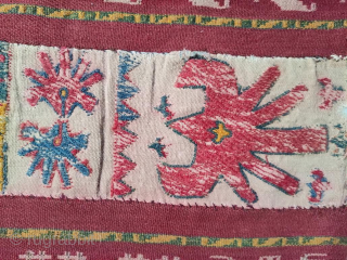 Uzbek Kilim, Central Asia, 1920s, 317 x 130 cm, wool, wool embroidery, narrow bands of plain weave over-embroidered with Central Asian motifs, in good condition, scattered loss of embroidery.    