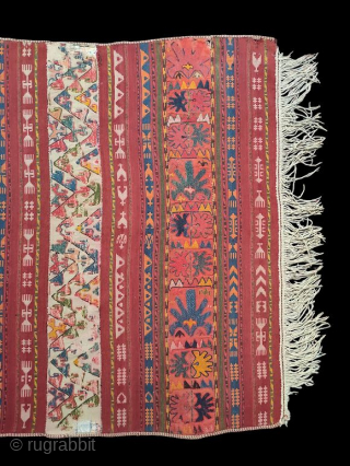 Uzbek Kilim, Central Asia, 1920s, 317 x 130 cm, wool, wool embroidery, narrow bands of plain weave over-embroidered with Central Asian motifs, in good condition, scattered loss of embroidery.    