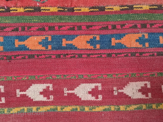 Uzbek Kilim, Central Asia, 1920s, 317 x 130 cm, wool, wool embroidery, narrow bands of plain weave over-embroidered with Central Asian motifs, in good condition, scattered loss of embroidery.    