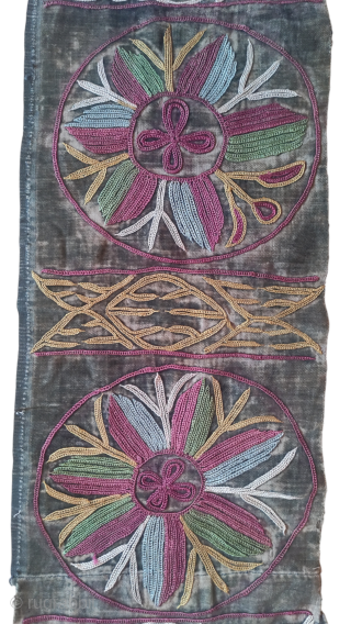 Kyrgyz Silk Embroidery, Ferghana Valley, late 19th century, 100 x 20 cm, fine chain-stitched silk embroidery on a black silk velvet ground.           