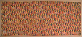 Inca highlands, Ca 1200 to 1400 CE. Very large multi-color woven panel of classic Inca design consisting of 208 small rectangular panels, each containing four diagonal rows of semi-abstract birds, some with  ...