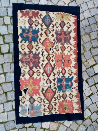 A great Anatolian kilim fragment with great colors and age. About 90 x 40cm.                   