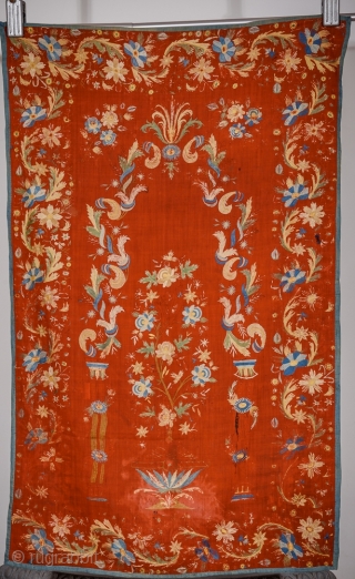 An Ottoman embroidery. Wonderful colours. Some parts of the embroidery missing. Cm 175x105. Silk on wool.                 