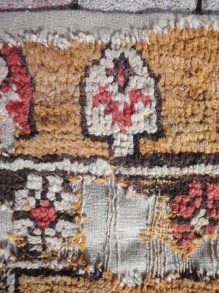 A beautiful yellow Konya fragment ( or Cappadocia / Kappadokya ) with a rare pattern. Cm 172 x 127. Professionally conserved with a natural hemp textile. Ready for display. 18th century or  ...