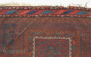 A gorgeous timuri Baluch with great color and an interesting design , especially the border scheme and the mihrab within the mihrab. A cut/ crease towards the top that is visible in  ...