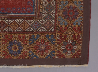 An Early Mujur prayer rug ca. 1800.  Great colors. Classic design. Beat up with scattered repairs, but still beautiful and desirable. Priced accordingly. 5'7" x 4'.      