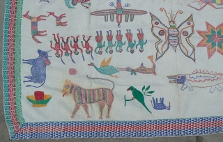 Old Indian Kantha Embroidery Quilt. Just in. From the West Bengal region of India. 62 x 38 inches. This kantha has it all – airplanes, tigers, shrimp, shiva, shiva lengha, peacocks, birds,  ...