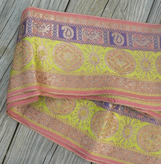 Beautiful old handloomed silk brocade sari borders from Gujarat, India. These are beautiful old sari borders woven in brocade technique with gold metallic thread, each one is approximately 5 inches wide and  ...