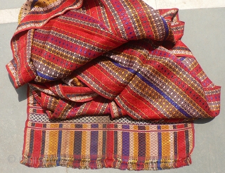 Old Indian Rajasthani Bridegroom’s Turban Length. Handloomed turban from Thar Desert region. 170 inches (14.5ft) x 21 inches. The textile has a red cotton foundation with colorful warp-face brocading to create the  ...