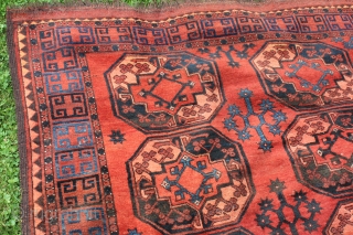 Ersari mani carpet antique around 1900 Tribal carpet from Beschir - Amu Daya Valley region Wool on Wool natural colors slight moth damage.otherwise in goot condition 
Dimensions. 267 (255)x 226cm   